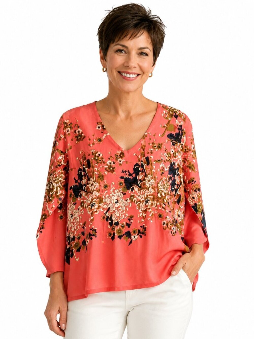 Masai Copenhagen Dafna Coral Floral V-Neck Tunic Top